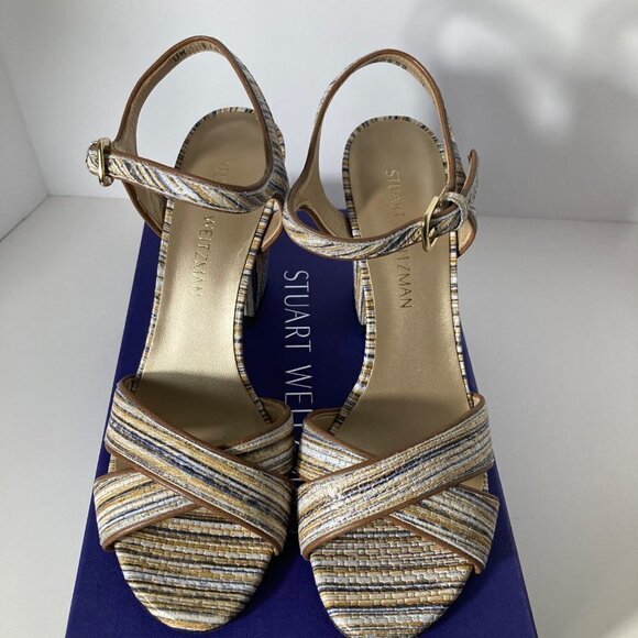 Womens Stuart Weitzman Sunlover Beige Weave Nappa Heeled Leather Sandal 9N - Picture 3 of 11